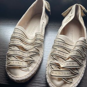 TORY BURCH Ribbon Herringbone Espadrille Slip Flats Cream